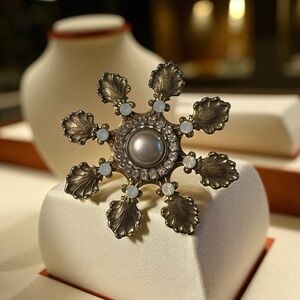 Elegant Gold and Silver Brooch with Pearl Accent magnetic hold approx 3.75”